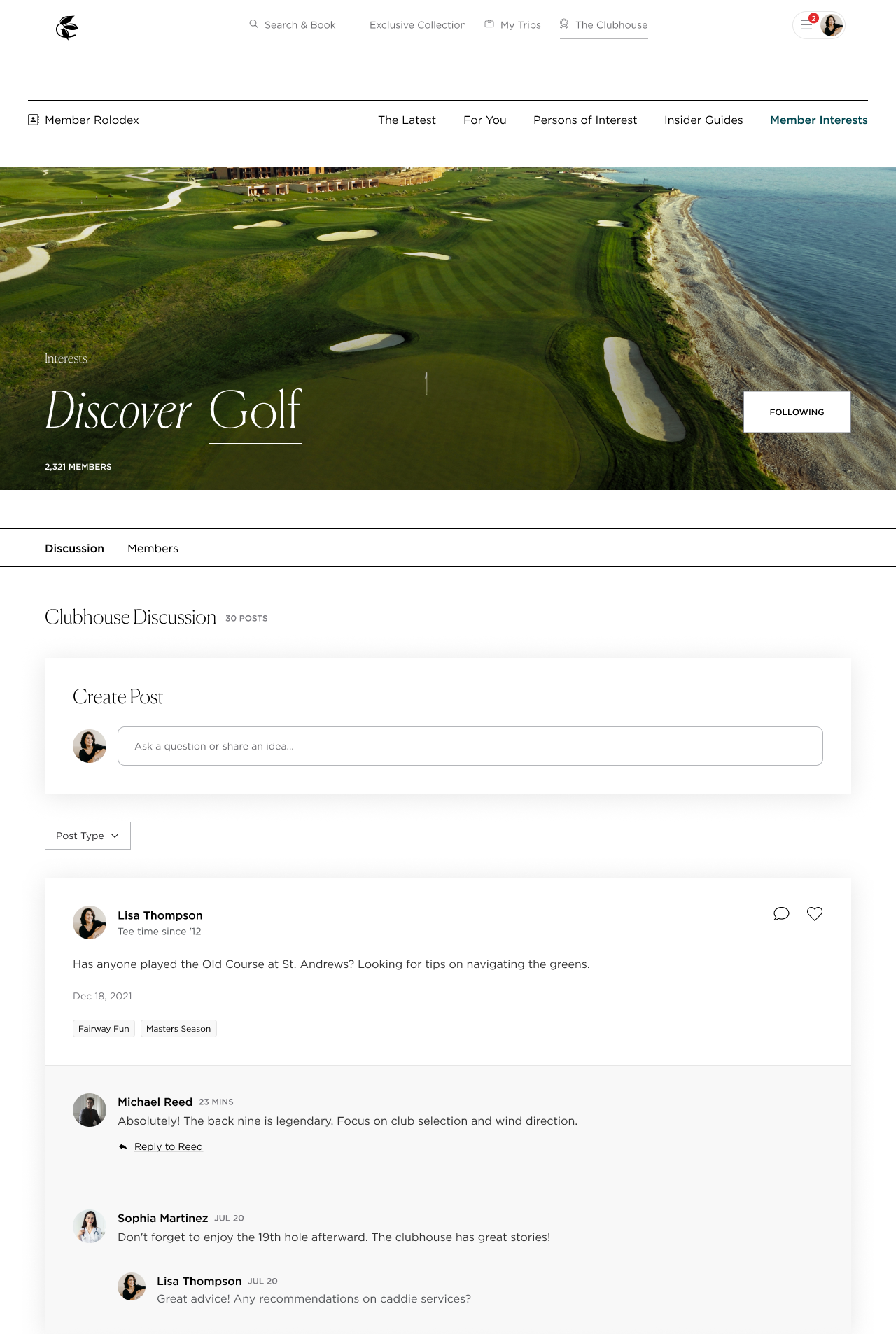 Golf Passion page — the Phase 1 anchor for the Passion architecture, with editorial content, a Discussion forum, a Members tab, the host-at-your-home-club affordance, and the conditional Circle tab that only surfaces for members who belong to a Golf Club Circle