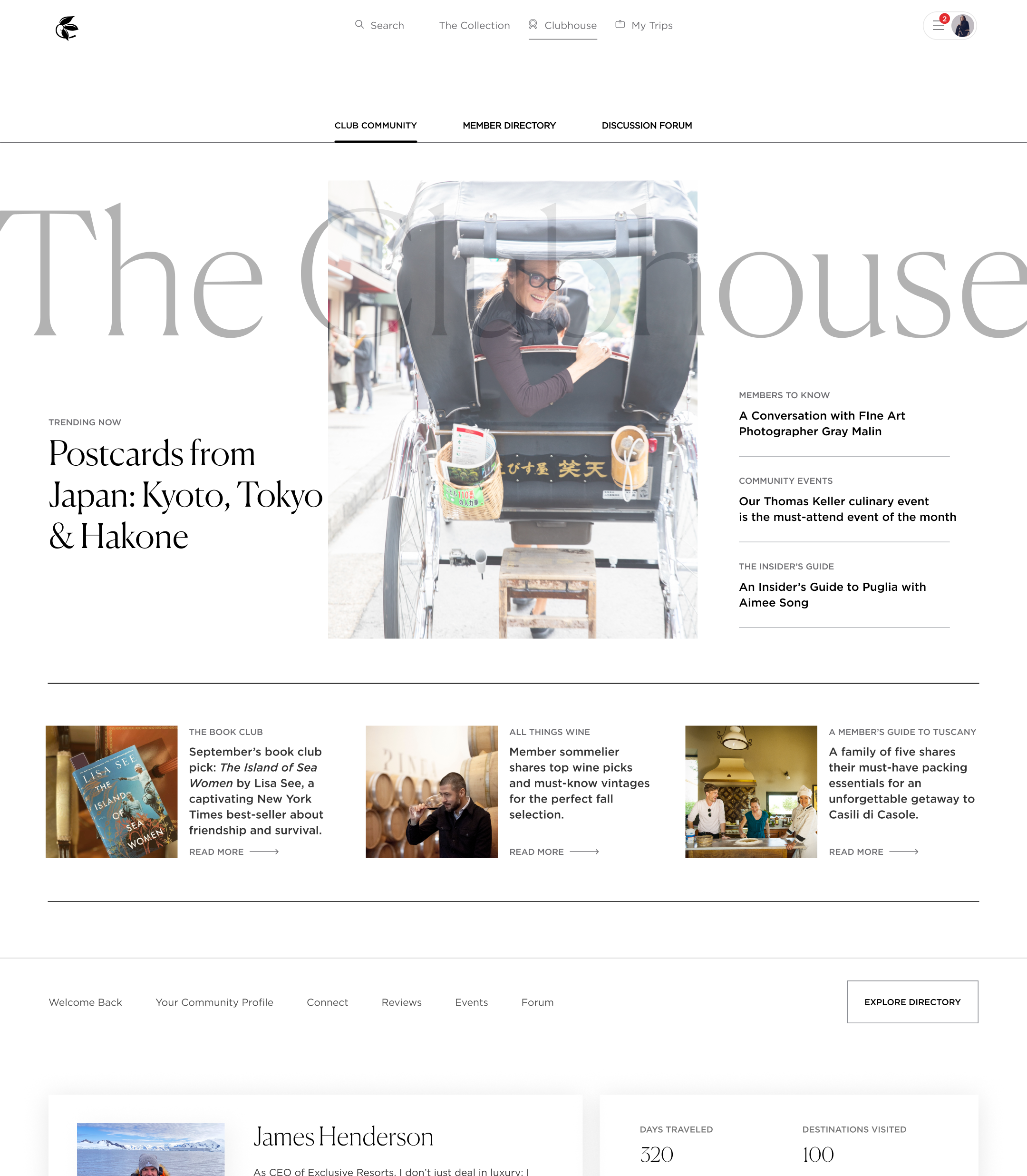 Clubhouse MVP landing screen — small-by-design feature-flagged release for the Seabourn cohort with a profile wizard, member directory, single discussion forum, trip review tool, and curated photo gallery
