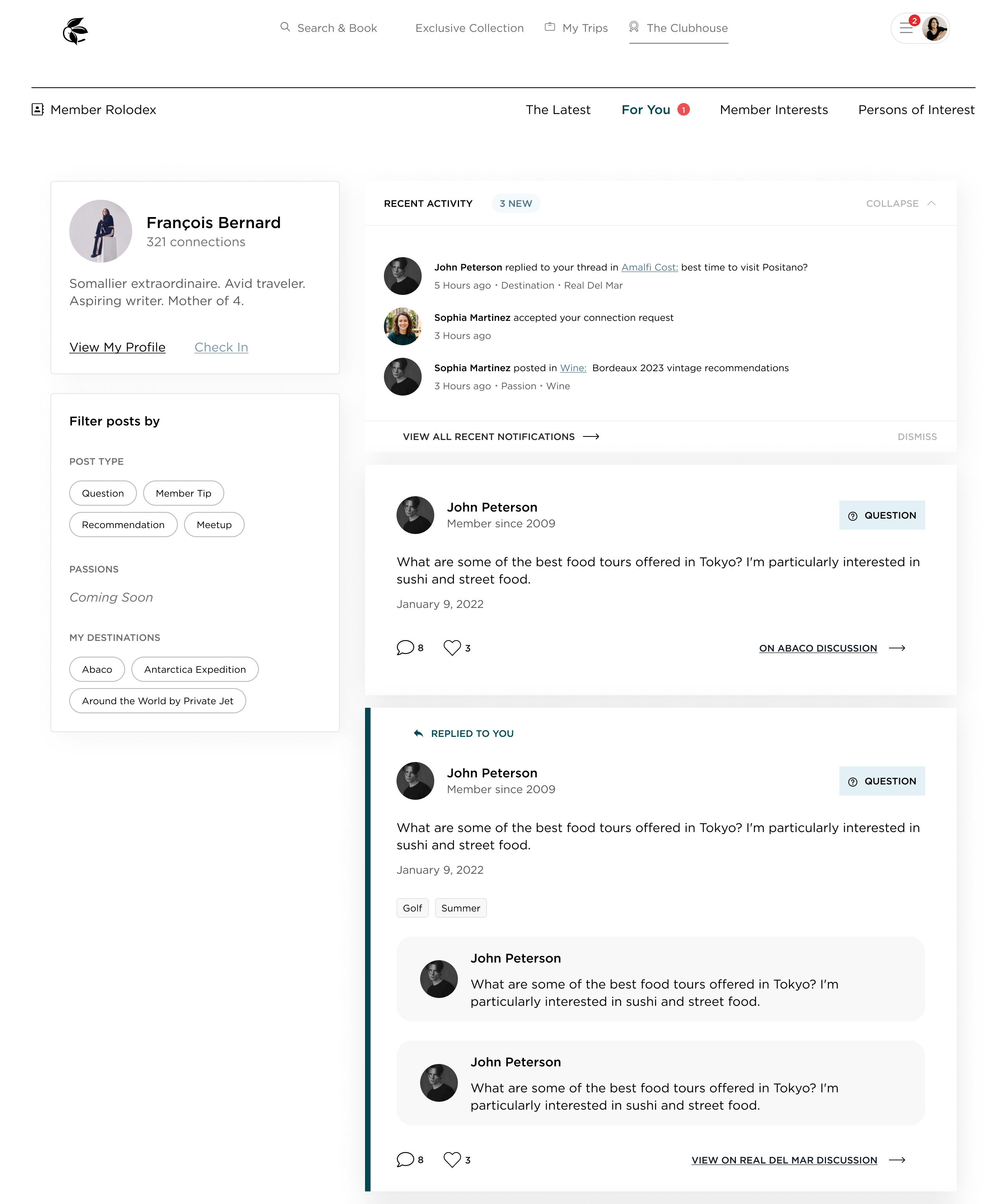 My Feed launch-stage design inside The Latest — recent posts surfaced across destination forums plus engagement notifications on the member's own posts, designed to tie the gated forums back into Clubhouse without requiring full personalization infrastructure
