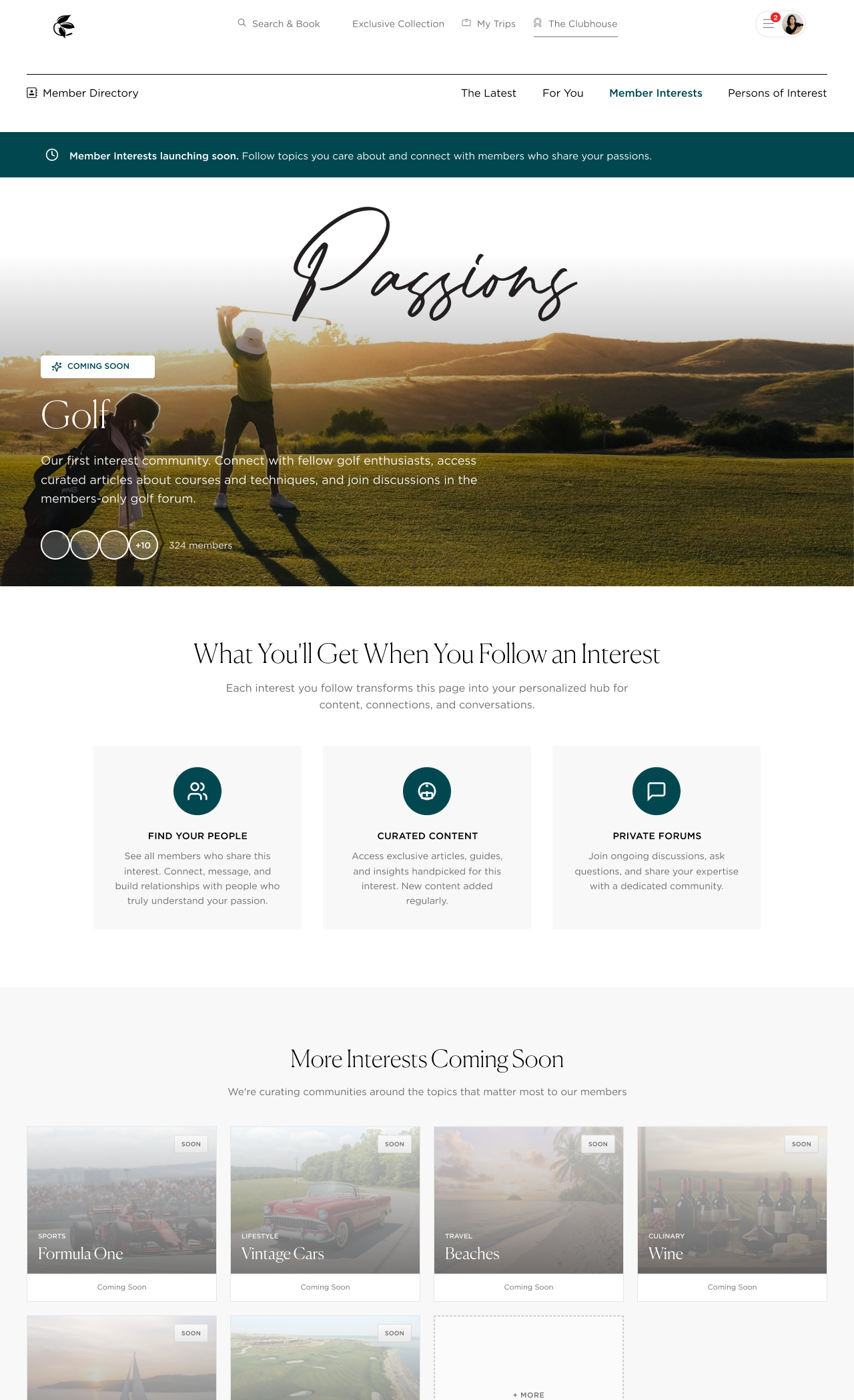 Passions landing page — the umbrella entry point for interest-based community pages, with Passion category previews and the empty-state framing that holds the architecture before any single Passion is fully fleshed out