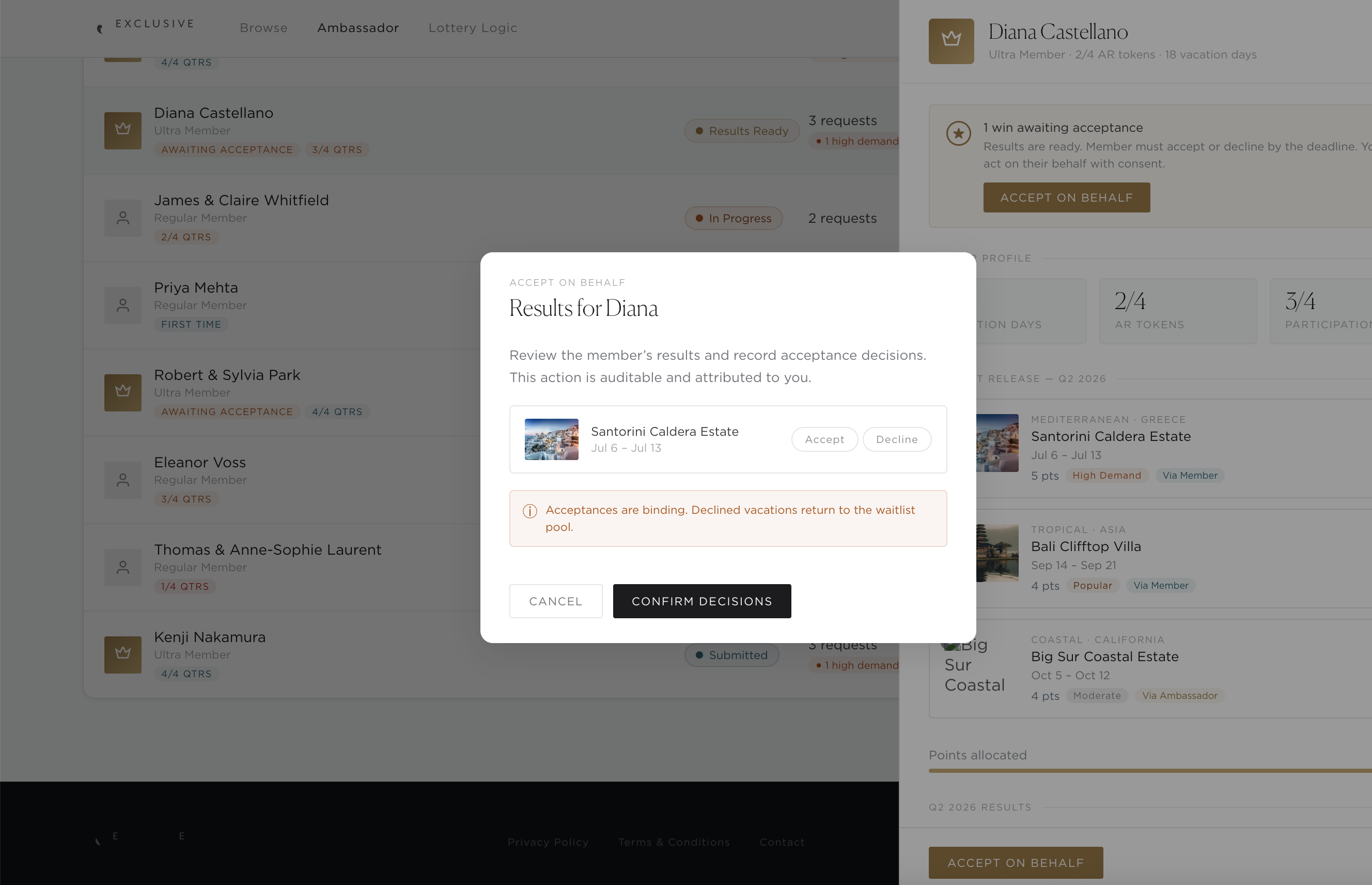 Accept on Behalf confirmation modal — explicit Accept/Decline per result, auditable-and-attributed warning copy, and Confirm Decisions CTA