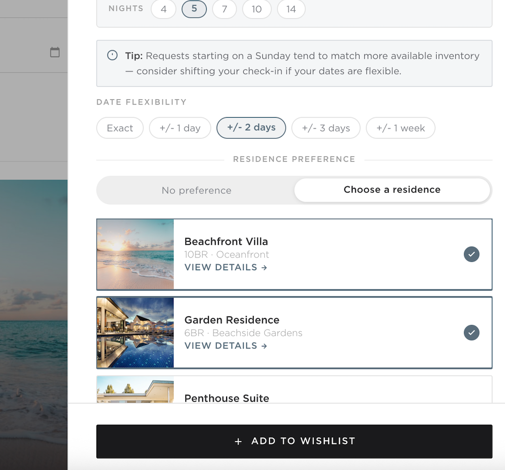 Residence preference section with the Choose-a-residence toggle on — Beachfront Villa and Garden Residence selected as accepted units, with View Details affordances inline