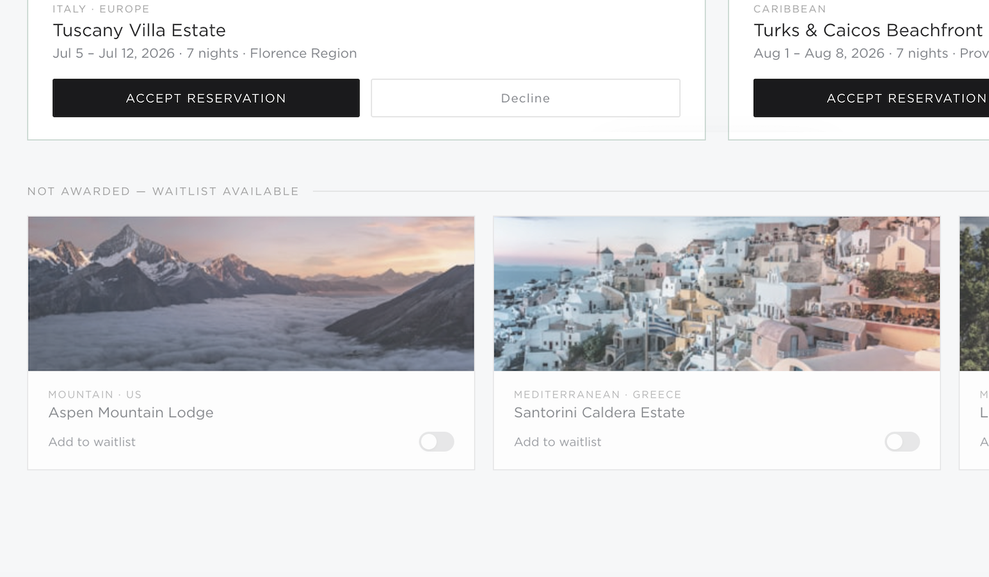 Not-awarded section of the results page — Aspen Mountain Lodge and Santorini Caldera Estate cards each with an Add-to-waitlist toggle, the cancellation-wishlist hook surfaced next to the unmatched result