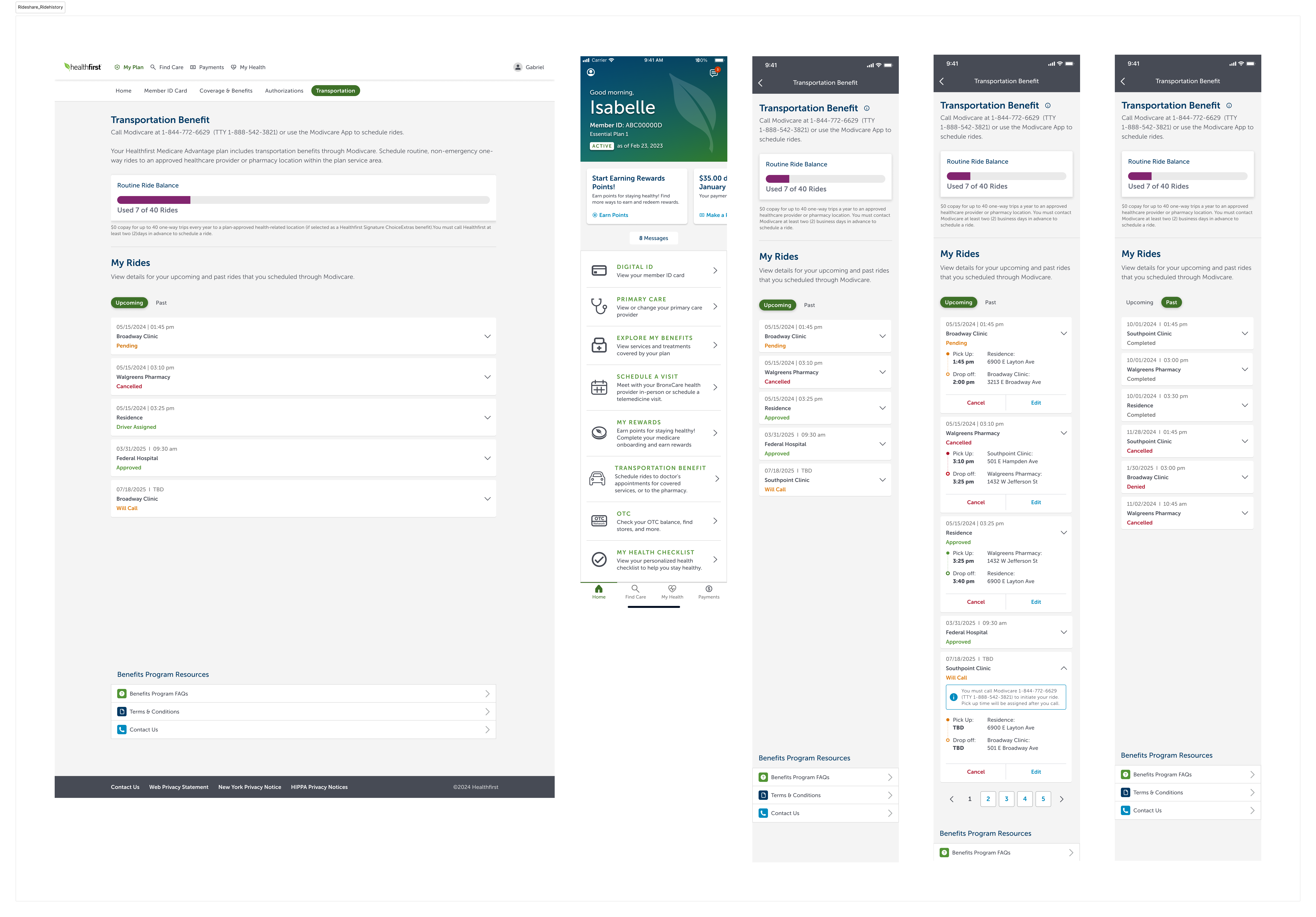 Ride History across desktop and mobile — desktop view at left showing the Transportation Benefit page with My Rides list (Upcoming Reservations / Past Reservations / Cancelled tabs), then four mobile screens showing the equivalent member view (member dashboard, upcoming rides, past rides, ride detail)