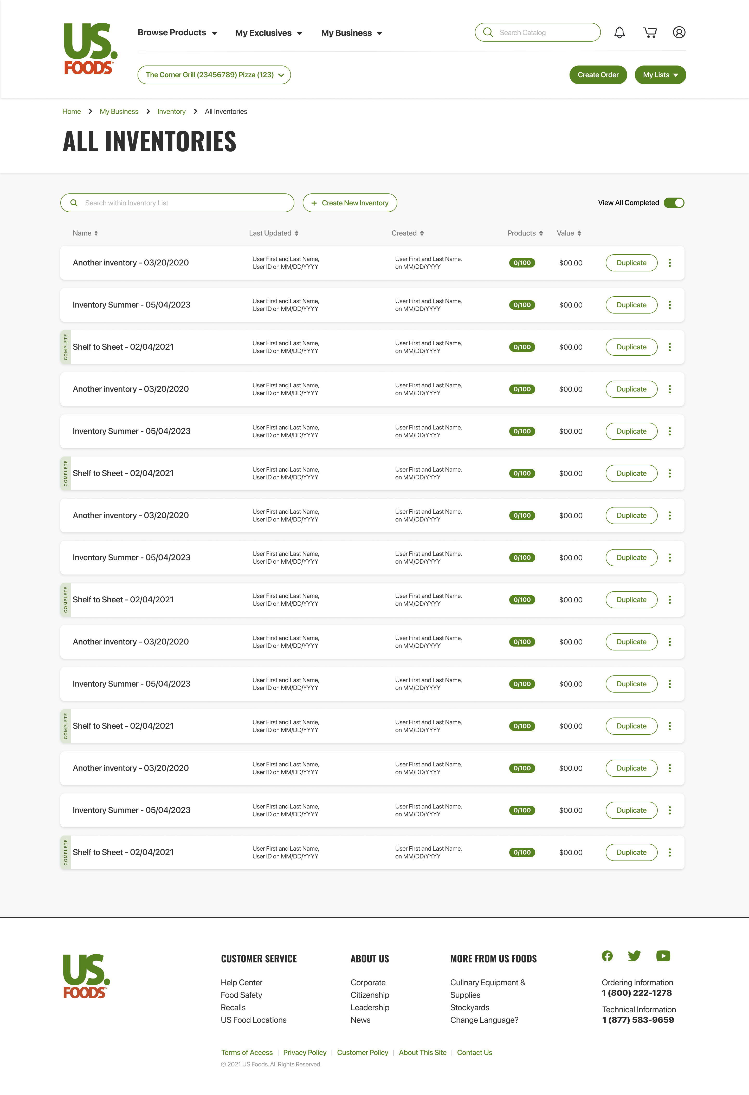 All Inventories landing page on desktop — the same cards in a tabular row layout: Name, Last Updated, Created, Products (with count badge), Value, and a Duplicate action; vertical tag at the left of each row makes completion status legible at a glance, with completed inventories standing out from in-progress ones.