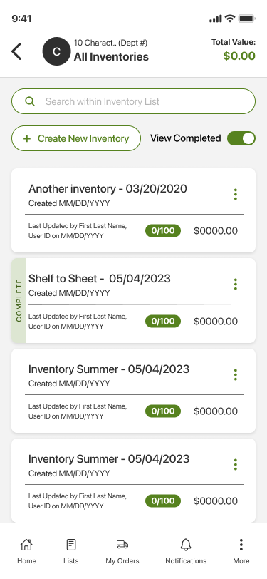 All Inventories landing page on mobile — stacked inventory cards each summarizing its inventory at a glance, with the completion vertical tag, name, dates, value, and line-item count visible without drilling in.