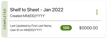Inventory overview card final/shipped variation — completion state made legible via a vertical tag on the left rather than a buried label, with the line count and total value paired in a way that scans in one glance.