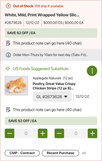 One permutation produced by the toggle system — the out-of-stock card state with red Out of Stock chip up top, the product info beneath, a US Foods Suggested Substitute card linked underneath, and the same quantity controls and contract/recent-purchase chips as the standard card.