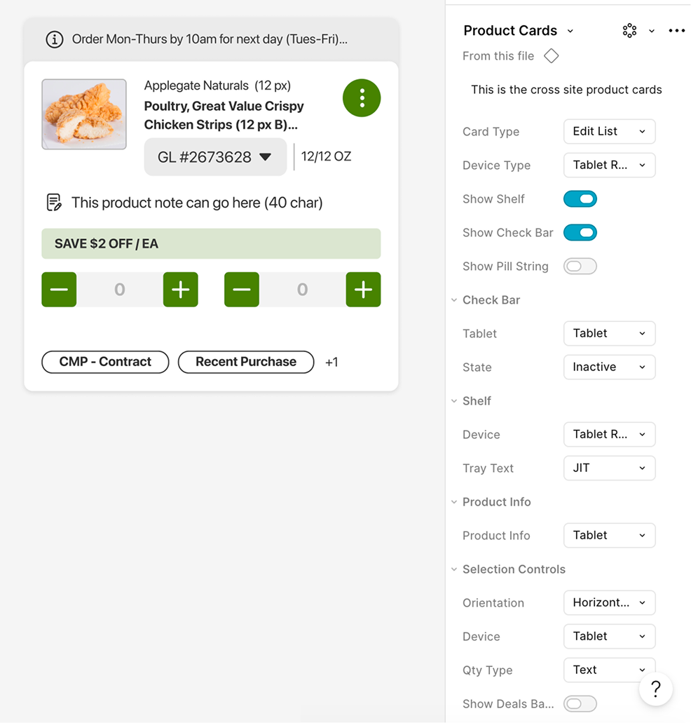 Single Figma product card component with the 13-toggle properties panel visible — Card Type (Edit List), Device Type, Show Shelf, Show Check Bar, Show Pill String, Check Bar tablet/state, Shelf device/tray, Product Info, Selection Controls — each toggle producing a different render of the same underlying card.