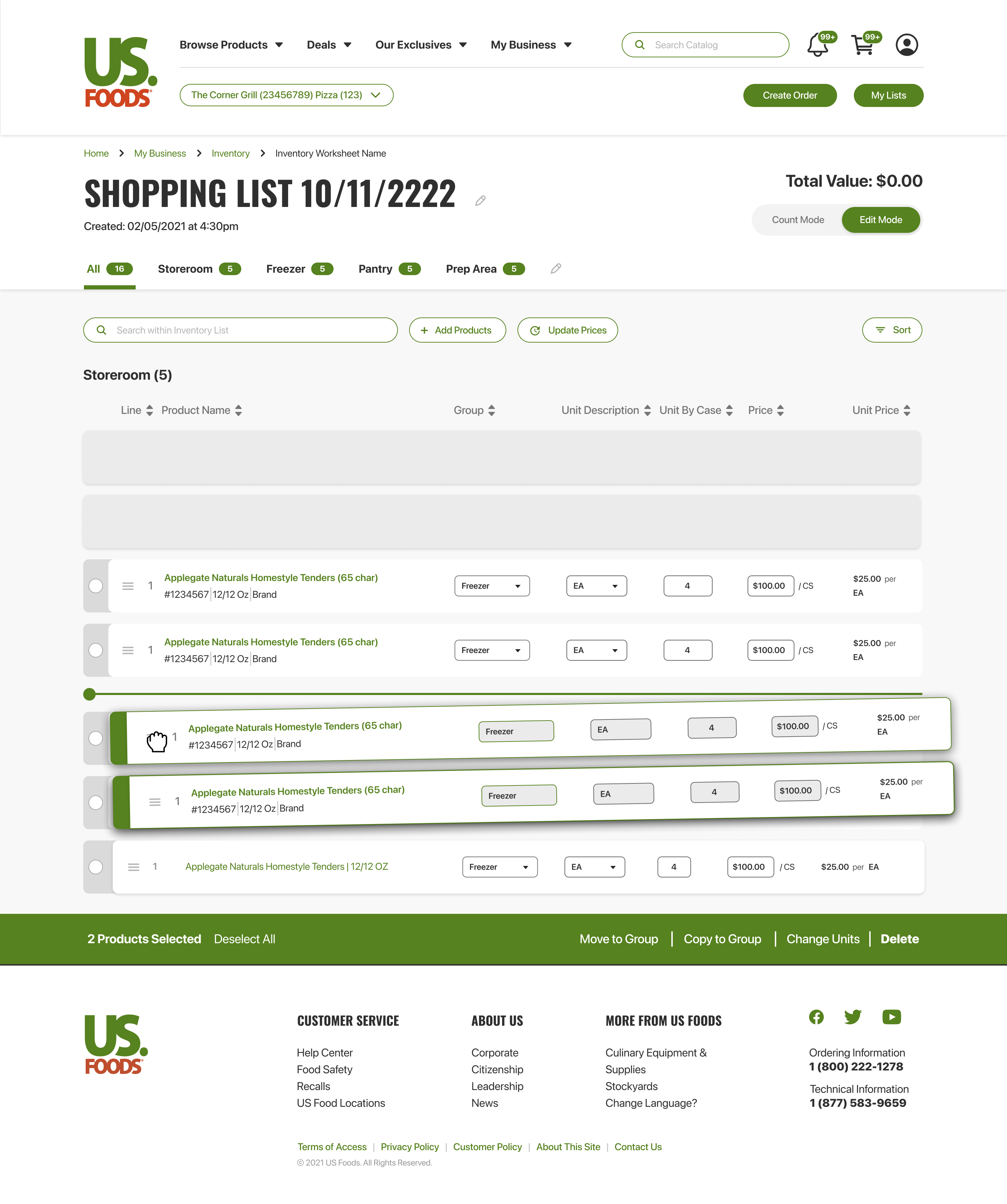 Multi-select state — two rows selected (visible offset/elevation), bottom-anchored green toolbar surfacing the bulk actions: 2 Products Selected · Deselect All · Move to Group · Copy to Group · Change Units · Delete. The long-press-to-select pattern borrowed from Squarespace plus the floating action toolbar borrowed from LinkedIn.