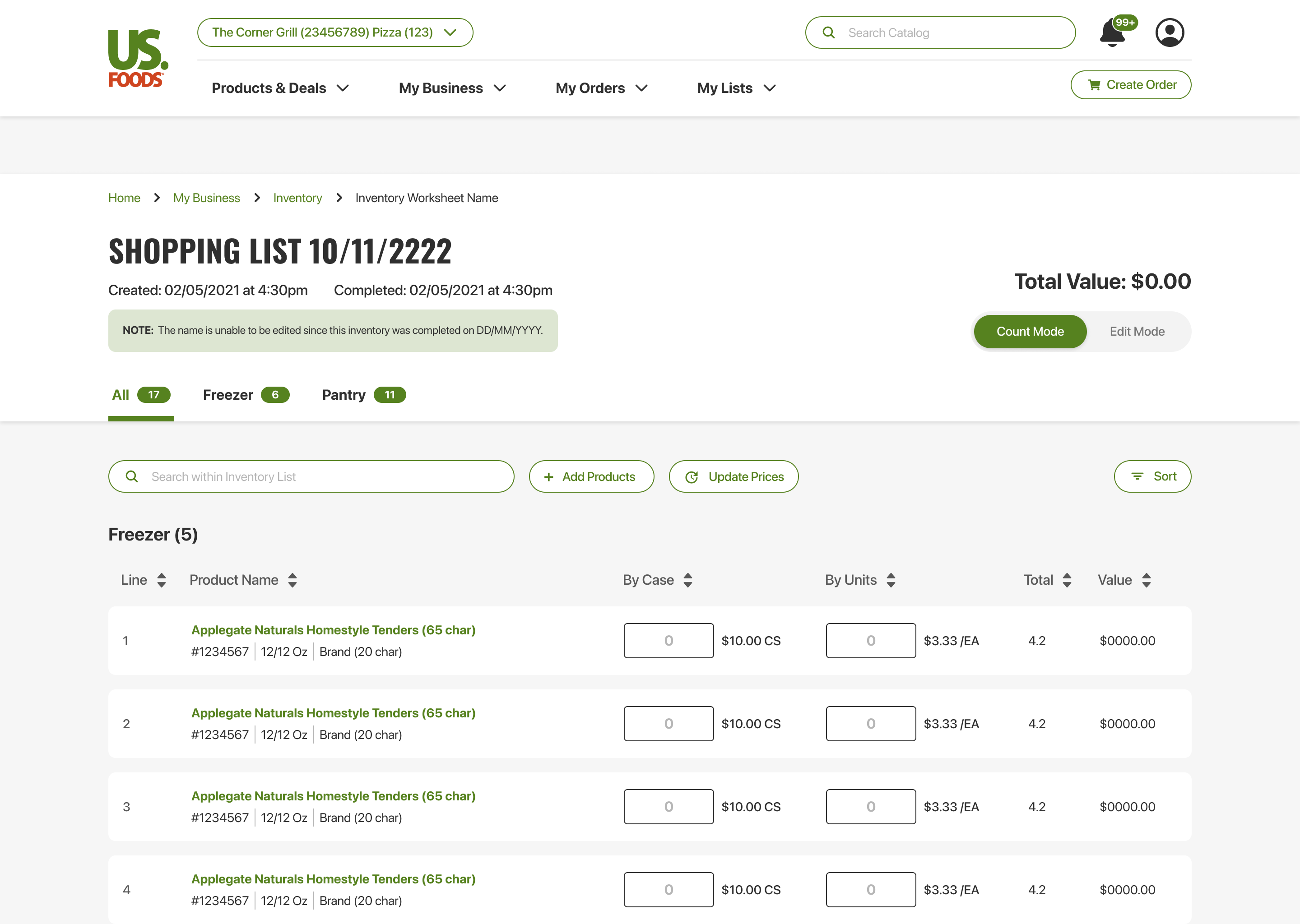 Count mode — the simplified counting view that strips chrome down to the count action; the same shopping-list rows render with minimal nav and a clear back path, so a chef counting stock on a phone in a walk-in only sees what they need to act on.