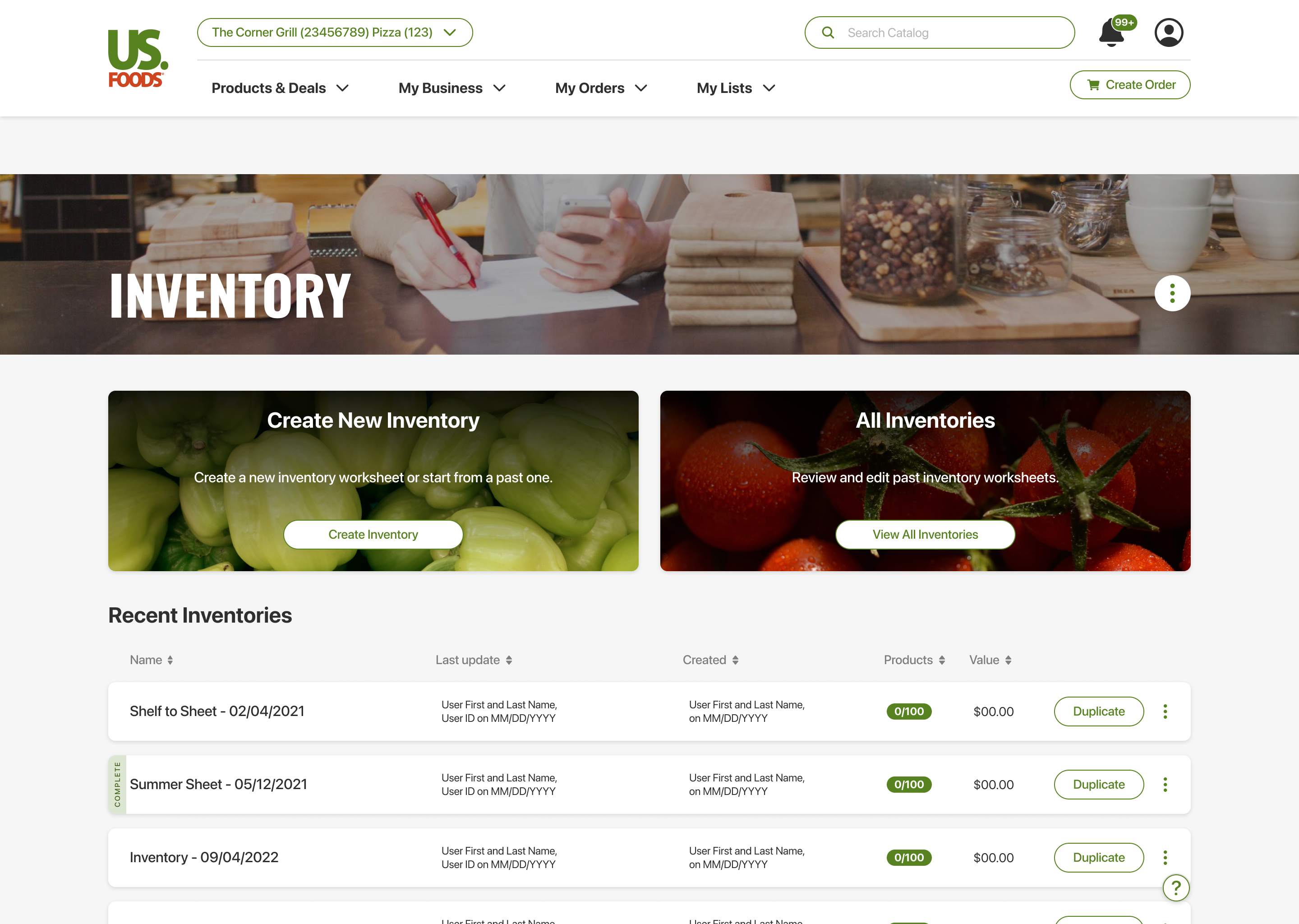 Inventory landing view (desktop) — shopping list with the Count Mode / Edit Mode toggle at top right, total value, completed-at metadata, area chips (All / Storeroom / Freezer / Pantry / Prep Area), Add Products / Update Prices actions, and the line items beneath with group, unit, case, total, value columns.