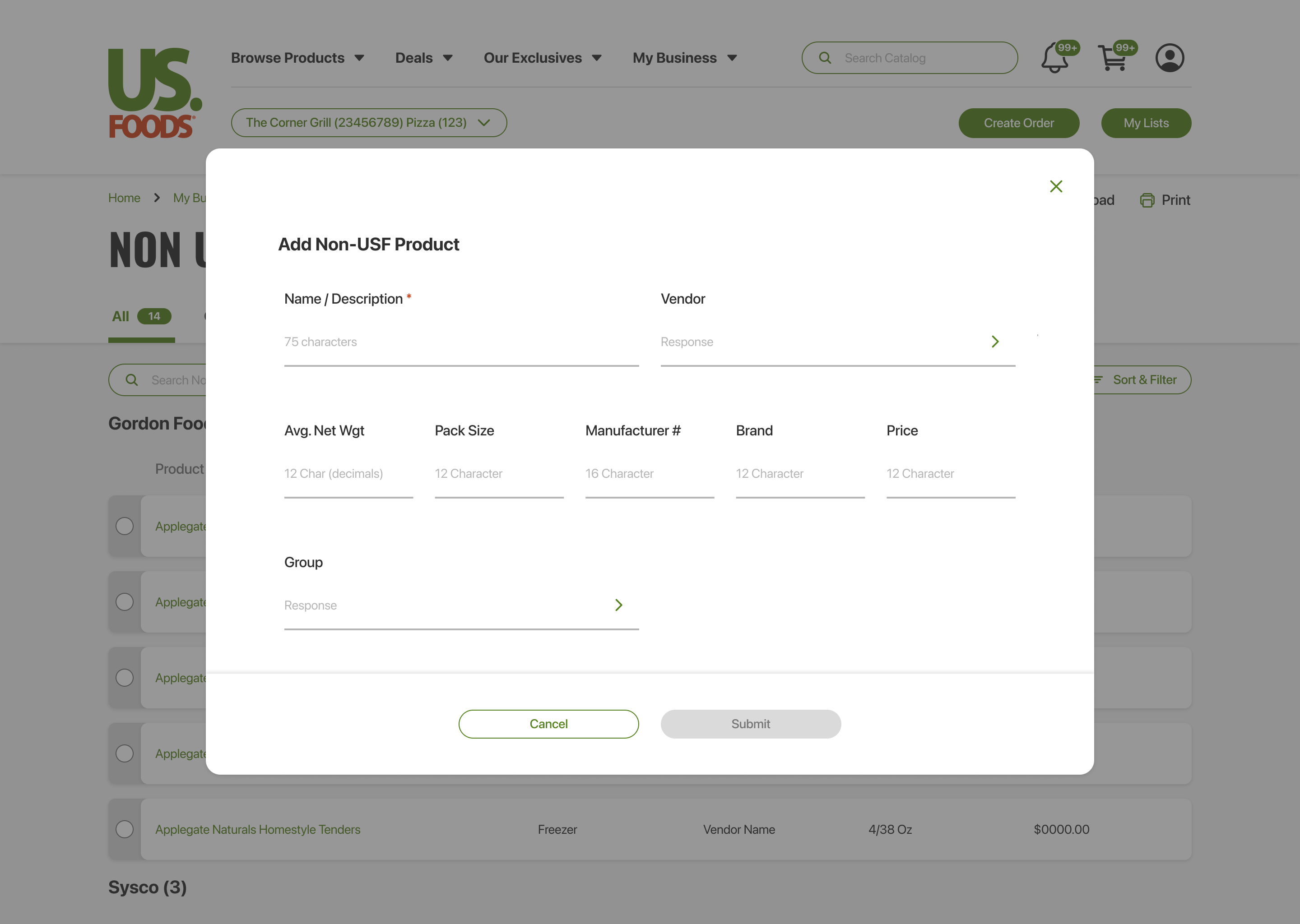Add Non-US Foods Products flow — the form where a member enters a product from a supplier outside US Foods, with the visual treatment that distinguishes it from the standard US Foods product cards in the same list.
