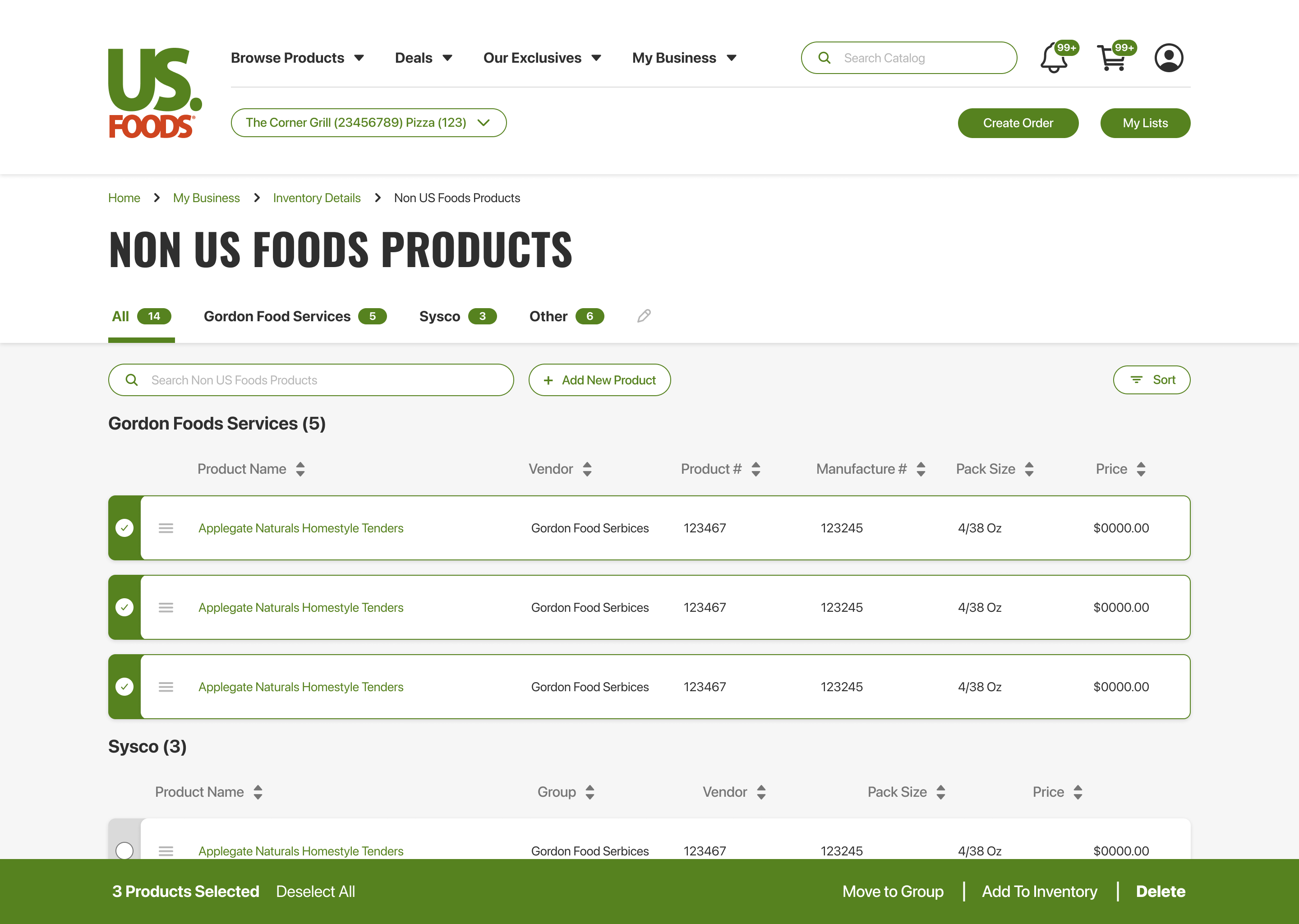 Non US Foods Products management page — a dedicated destination for the items members bought outside US Foods, grouped by vendor (Gordon Food Services, Sysco, Other), with product name, vendor, product number, manufacture number, pack size and price columns. Selecting rows surfaces a bottom action bar (Move to Group, Add To Inventory, Delete) so members can act on multiple non-USF items at once.
